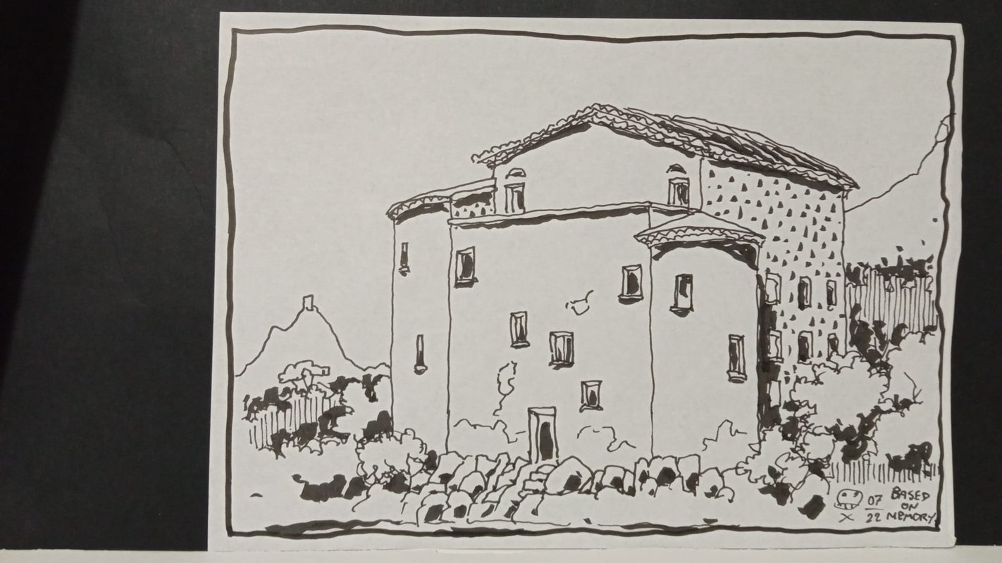 Drawing of a vernacular building facing the sea