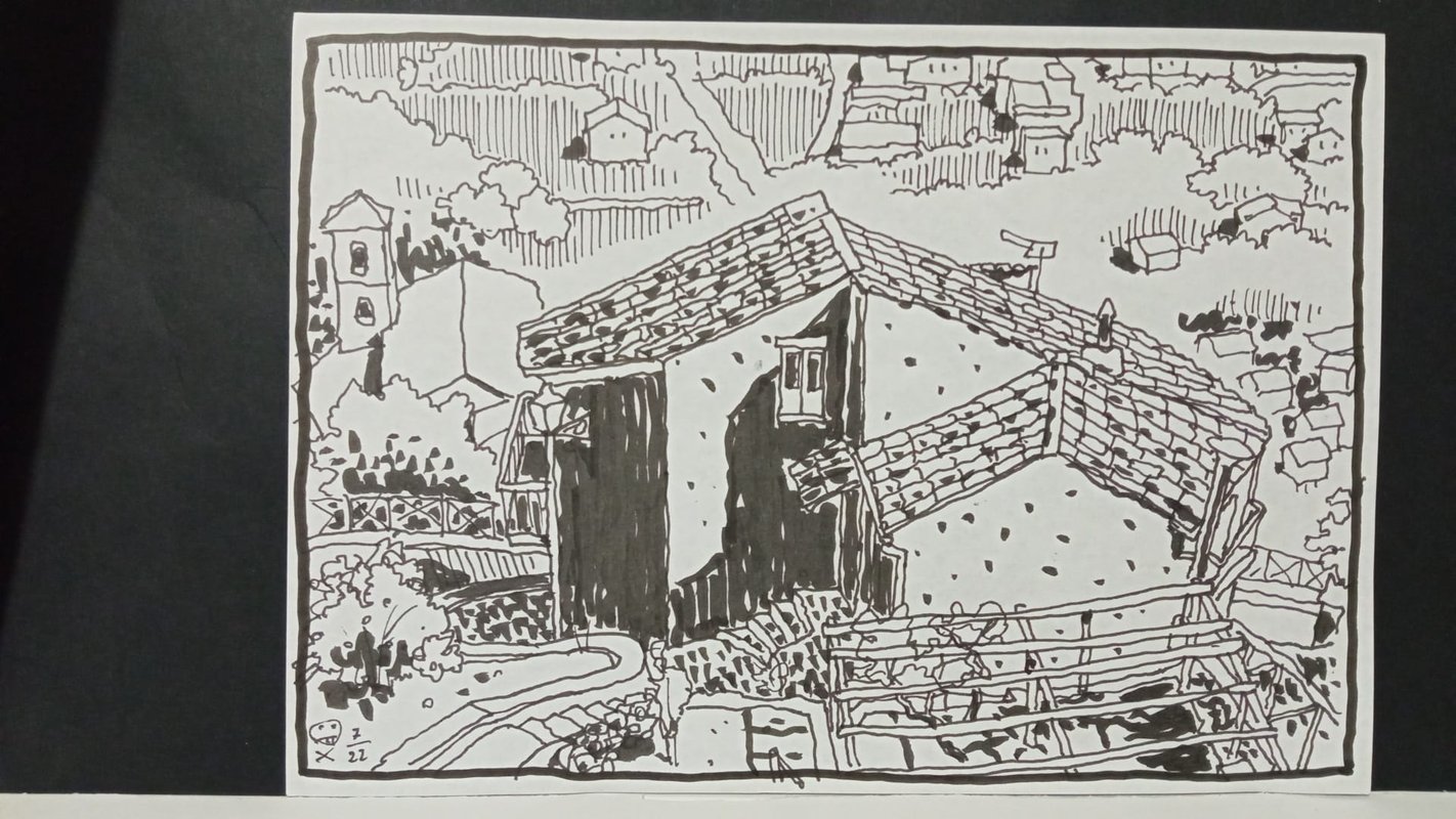Drawing of a vernacular building with a village on the background