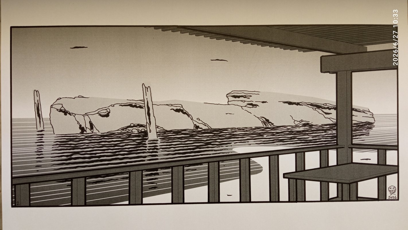 Mixed media drawing of an island seen from a porch