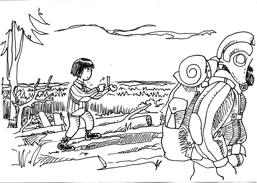 Hu scans the horizon with her wirstop – Hu scandaglia l’orizzonte col suo computer da polso.