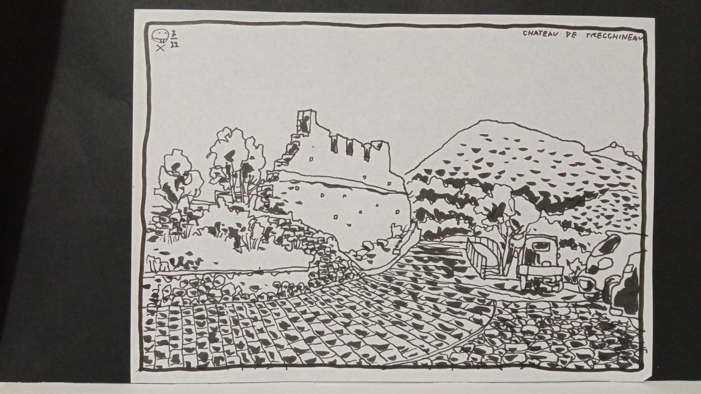 Drawing of a paved road and ruins on a hilltop