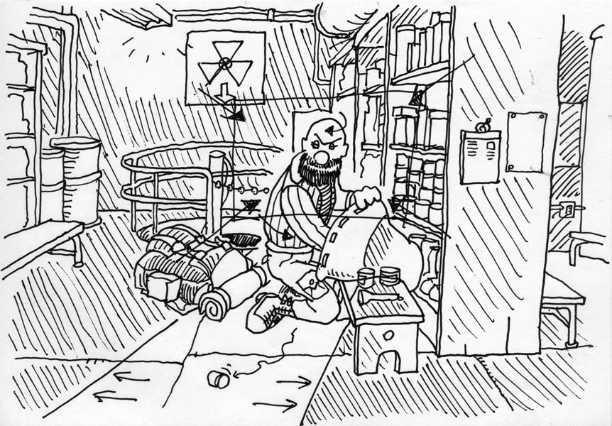 Professor Kerenskij, blinded by morning light. He’s stuffing a back pack.