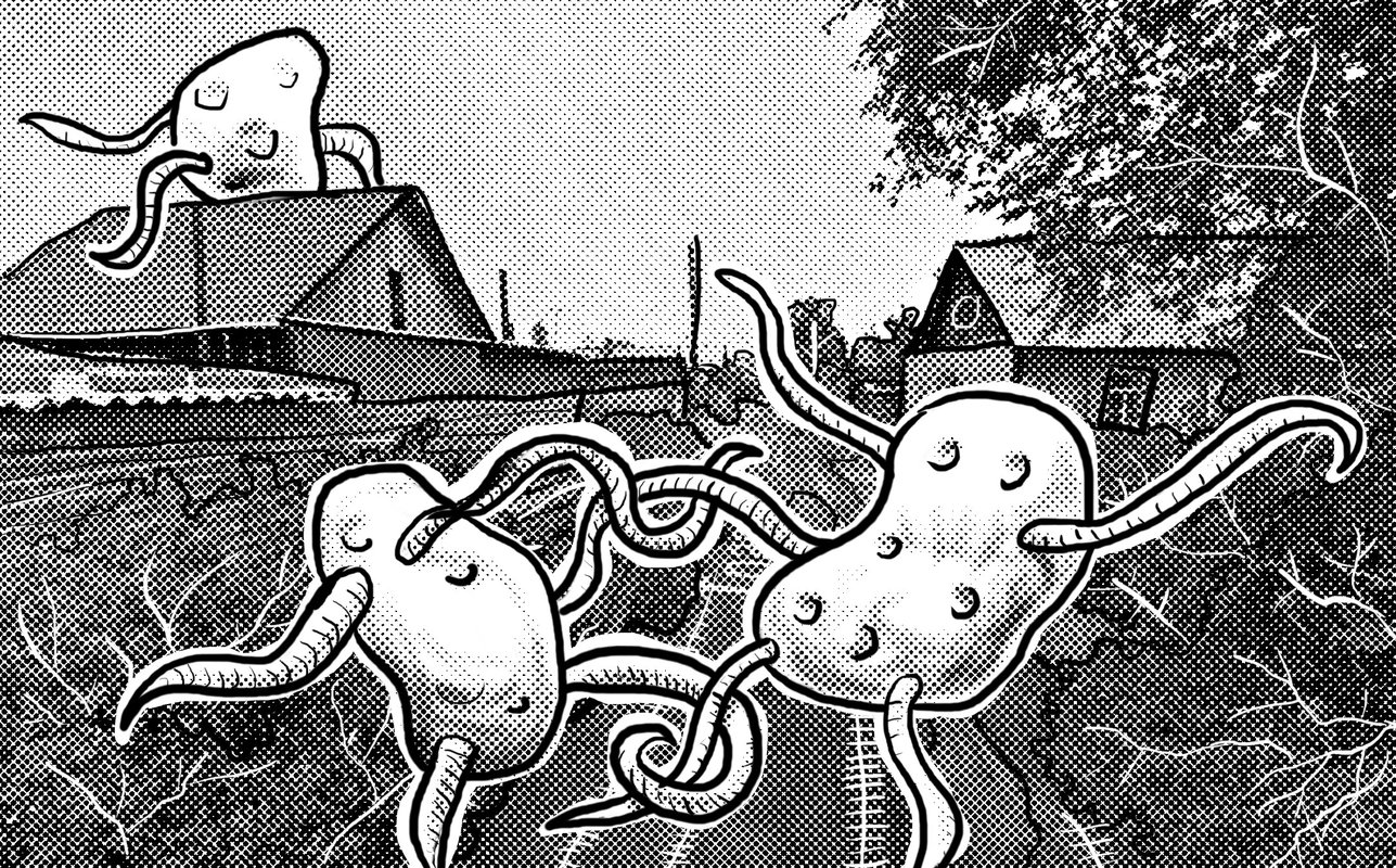Digital drawing of dancing potatoes. Background is from Street View