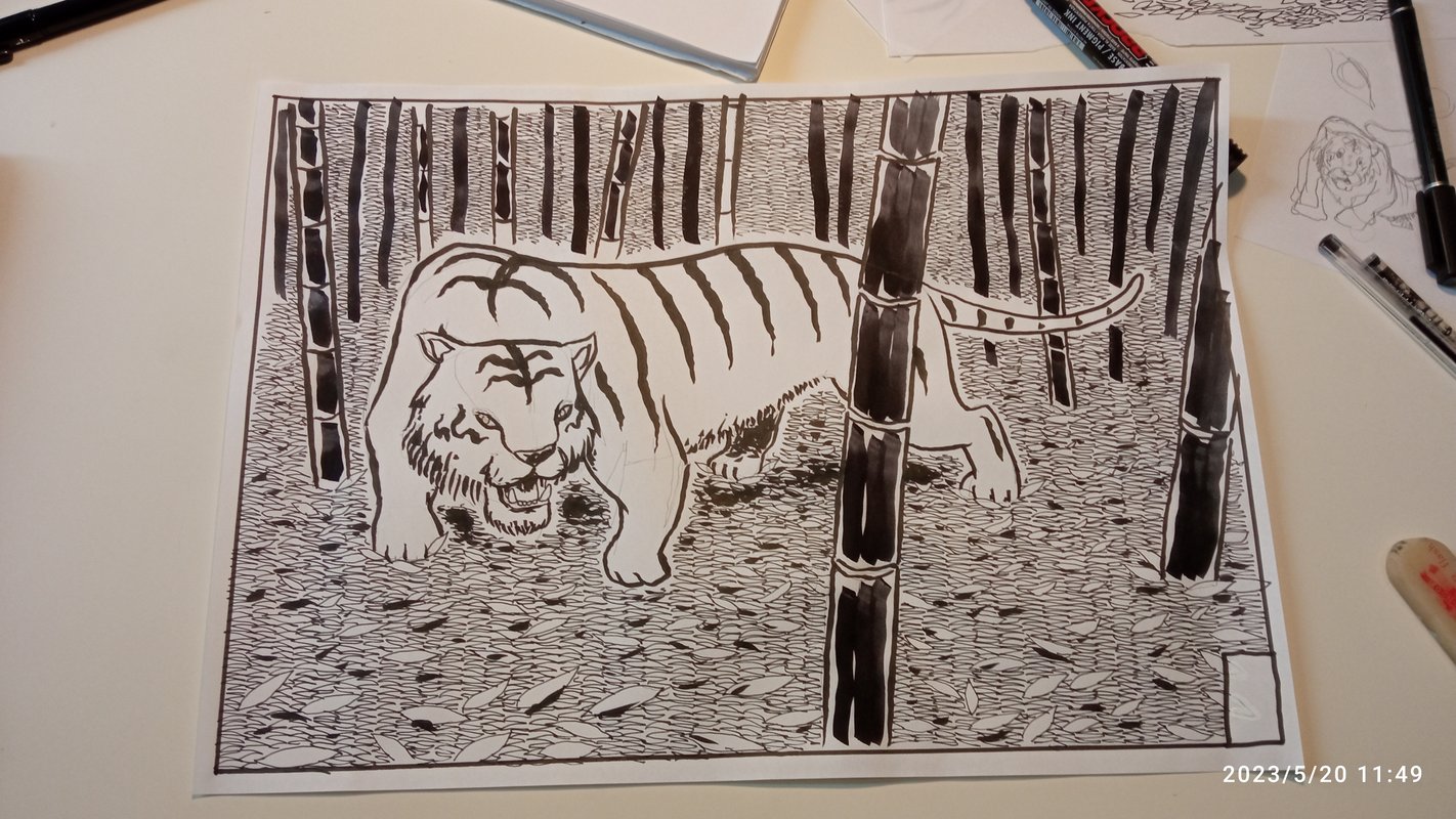 A b&w drawing of a tiger in a bamboo forest