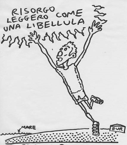 Drawing of runner resuscitating "weightless as a dragonfly"