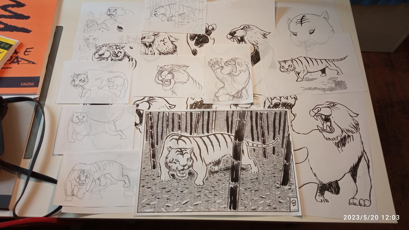 Final drawing surrounded by many sketches