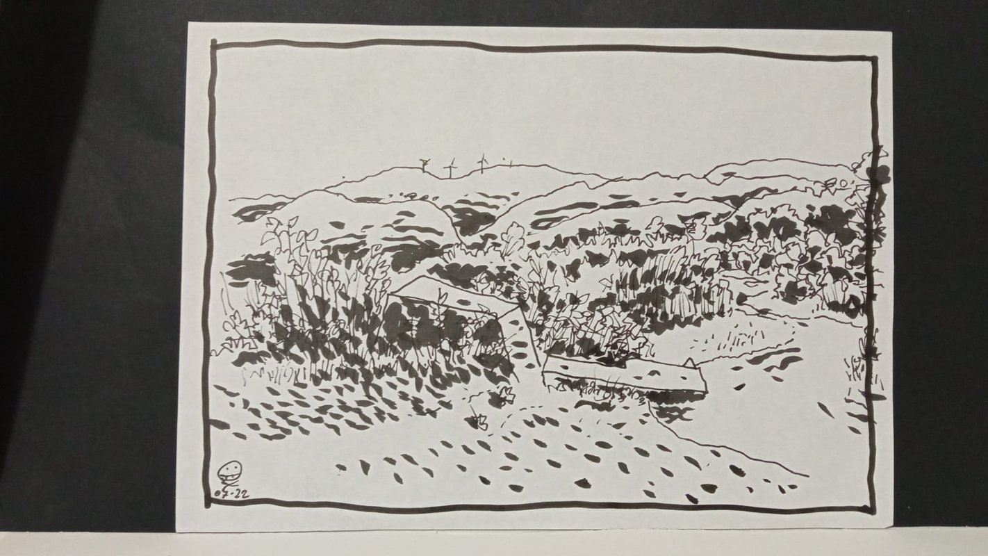 Drawing of a river mouth with concrete structures and hills in the background