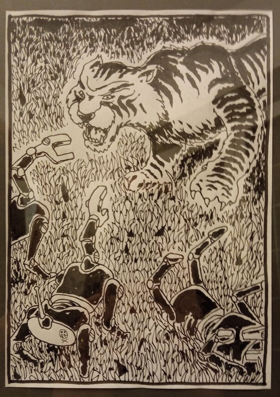 A tiger faces three clumsy robots, ink drawing