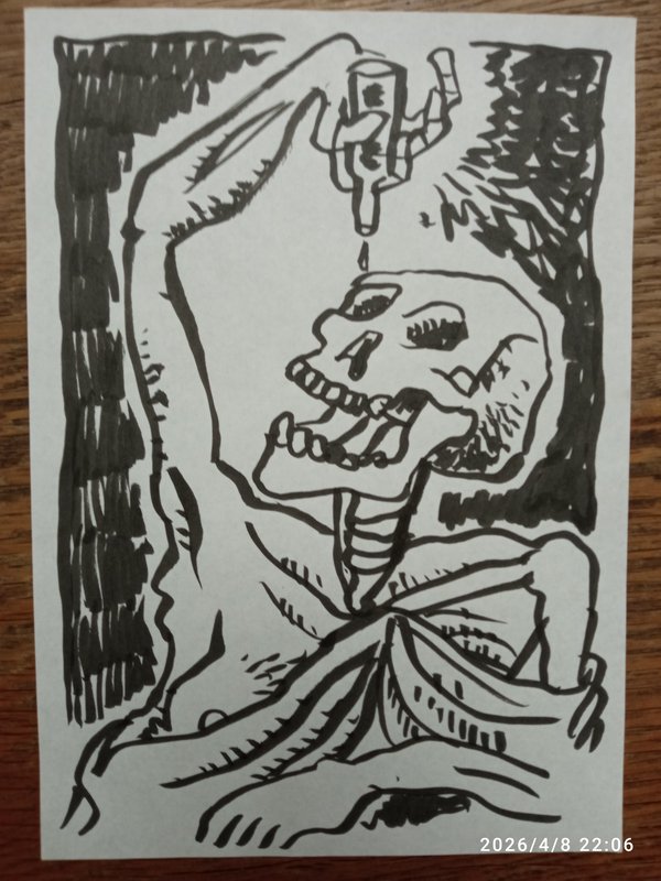 Drawing of a skeleton eye dropping in empty orbits