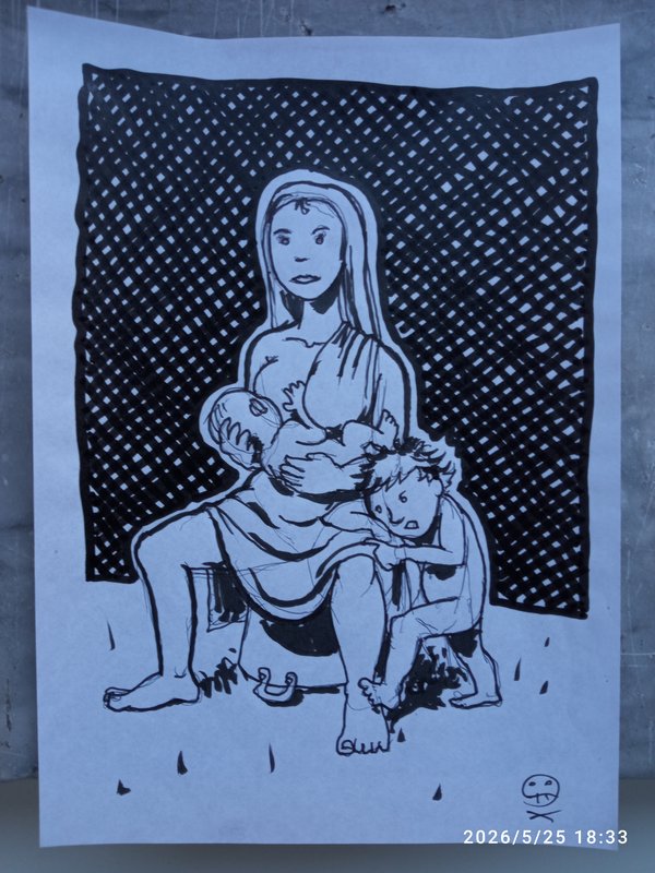 Drawing of a young woman sitting on a bucket.