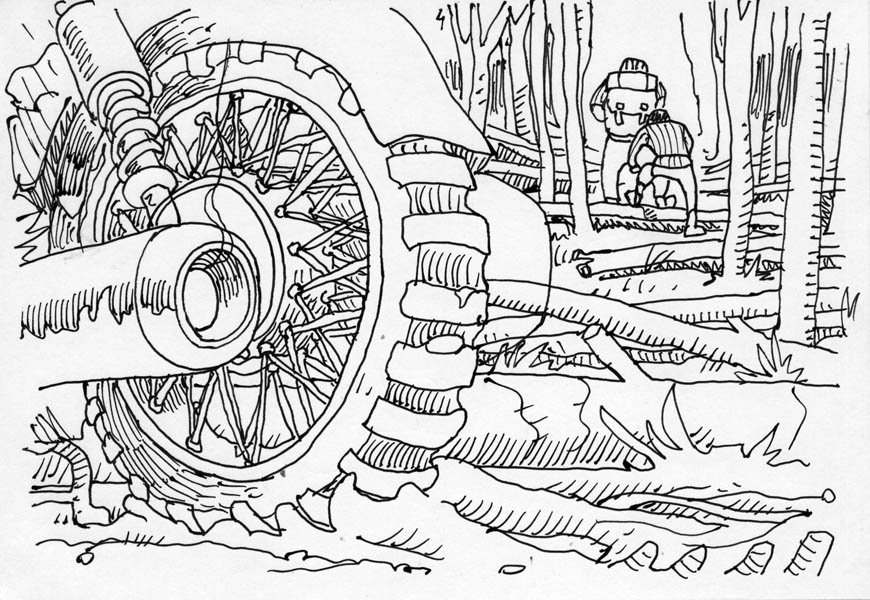 They leave the sidecar and walk in the woods (music stops). – Lasciano la moto e si incamminano nel bosco (la musica si ferma).